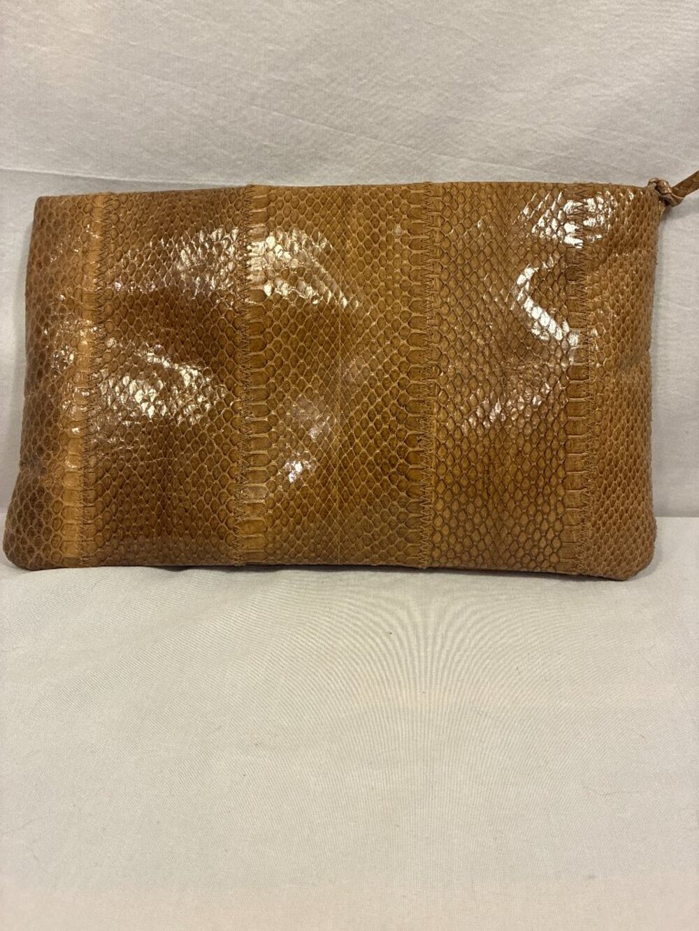 Vintage Clemente Genuine Snakeskin Python Zipper Flat Clutch Evening Bag Camel